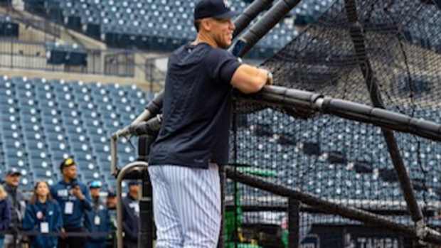 View of Aaron Judge at batting practice.